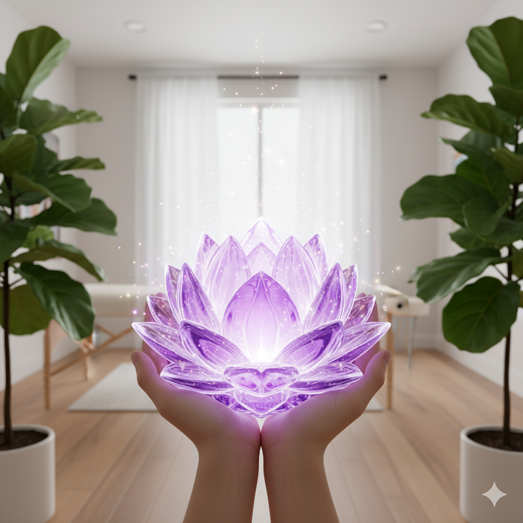 Palme ținând o floare de stâncă mare, mov, în formă de lotus, cu lumini, pentru terapii Reiki și Quantum în Brașov, oferite de Cristina Mariana Fazakas.